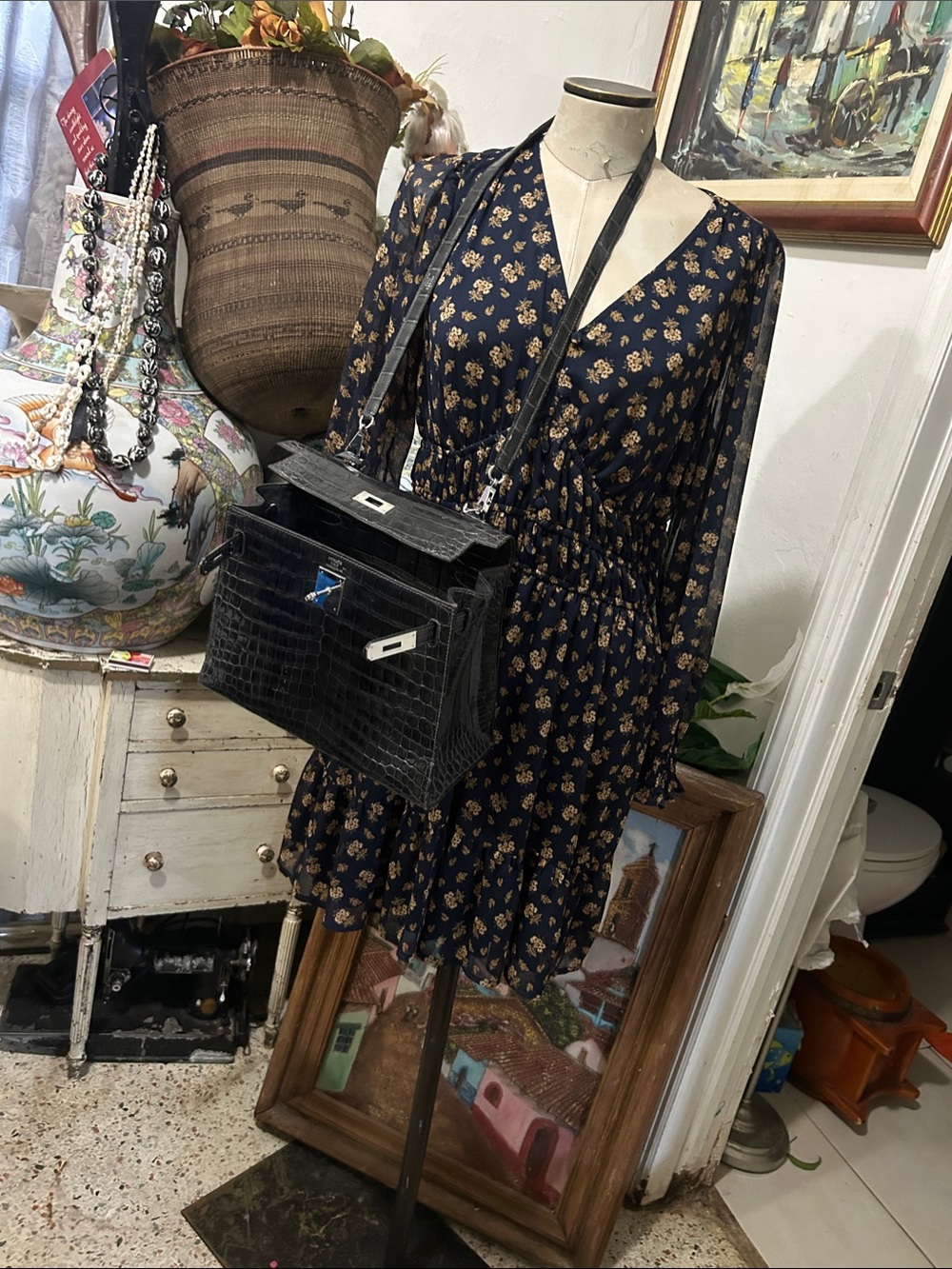 LC Lauren Conrad Navy Floral Long-Sleeve Wrap-Style Dress